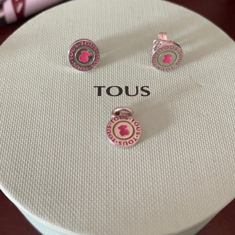 Tous silver pendant and earrings set pink
